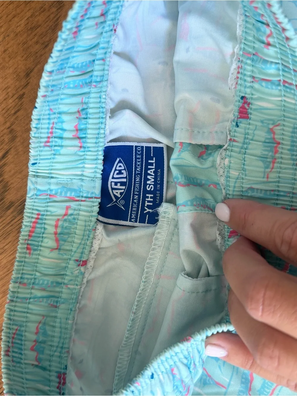 AFTCO Light Blue Kids' Fish-Print Swim Board Shorts with Pink Accents